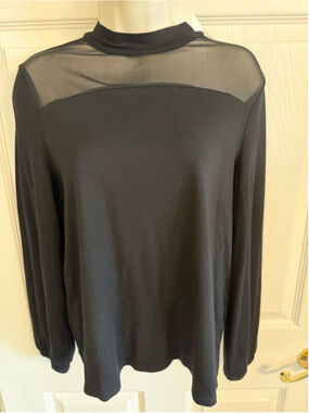 Blk Rafaella mock neck pullover sheer mesh panel neckline/chest elastic wrist M